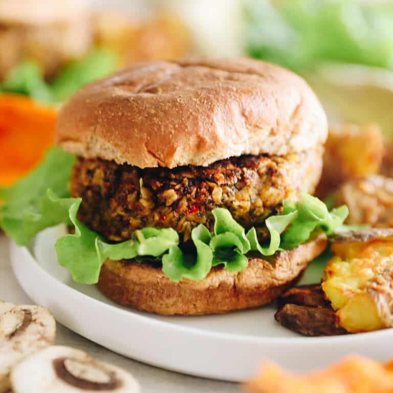 Close up shot of mushroom sweet potato veggie burger