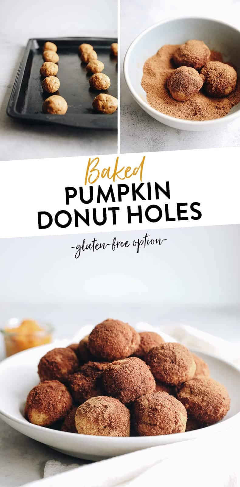 Get the taste of fall with these baked pumpkin donut holes made with healthy ingredients like coconut oil and coconut sugar and baked in the oven. Gluten-free or non-gluten-free options available so the whole family can enjoy