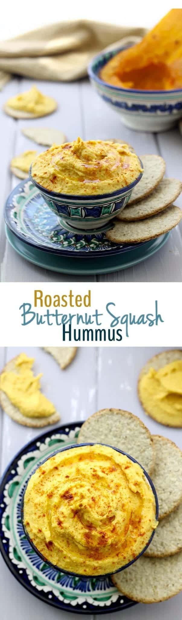 A fall-theme hummus recipe for Roasted Butternut Squash Hummus. You won't believe how creamy this dip recipe turns out!