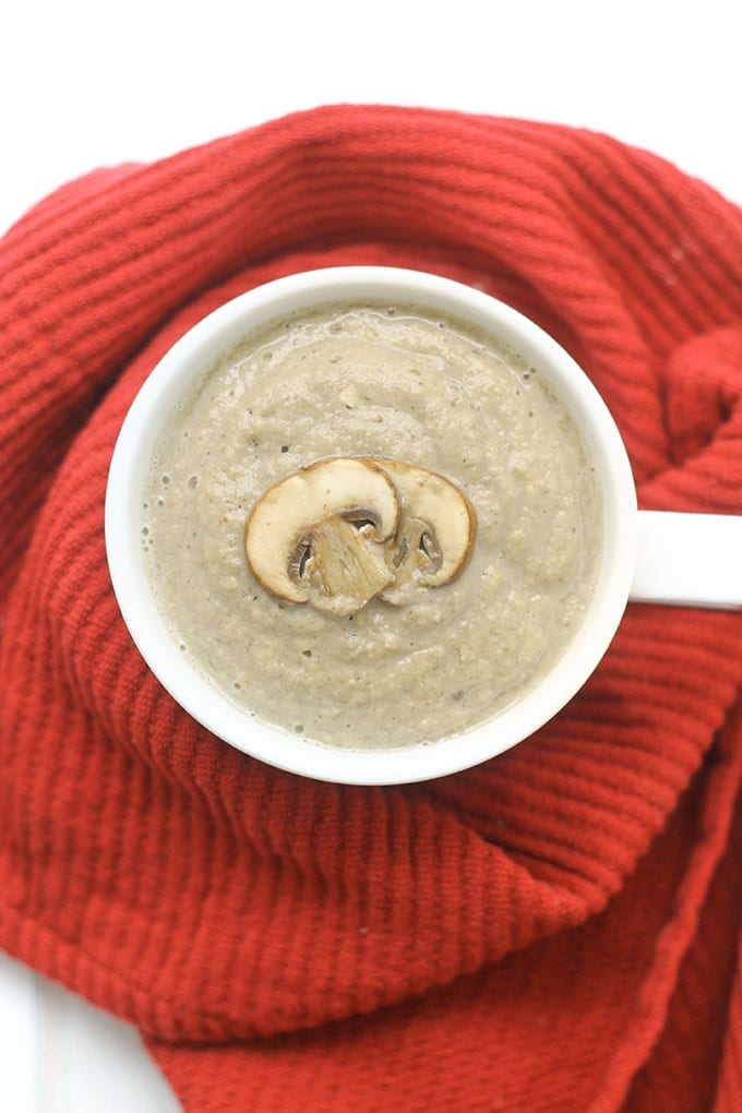 A delicious dairy-free version of classic cream of mushroom soup where cream is replaced with soaked and blended cashews for a creamy "creamless" soup!
