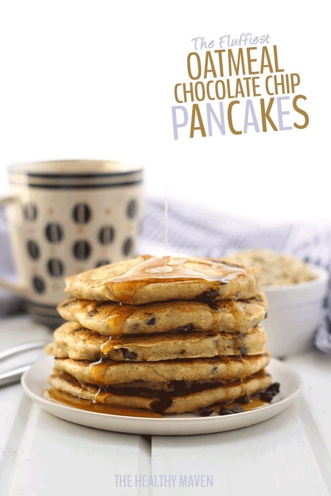 Oatmeal meets pancakes with The Fluffiest Oatmeal Chocolate Chip Pancakes. These pancakes are gluten-free, refined sugar-free and high in protein but are the most delicious, fluffiest pancakes you will ever eat. They will quickly become a weekend brunch recipe staple!