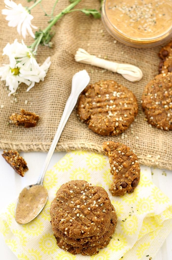 With just 4 basic ingredients and 3 optional ad-ins, these Almond Butter Hemp Seed Cookies couldn't get easier! They're made from clean ingredients, are high in protein and make a heart-healthy alternative to junk-filled cookies.