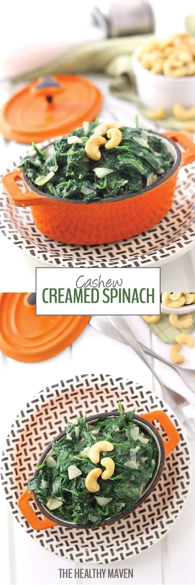 Ditch the cream and replace it with cashews! This cashew creamed spinach, made from blended cashews makes a delicious and nutritious dinner side and is ready in under 5 minutes!
