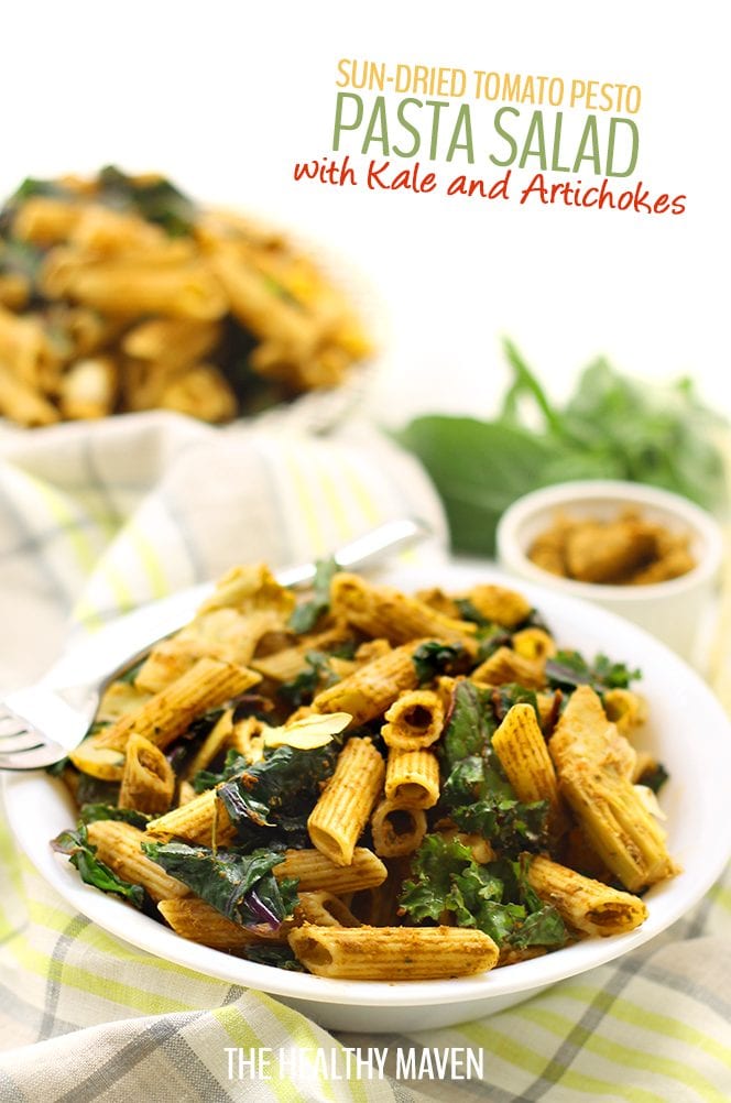 Get ready for your next summer BBQ or dinner party with this Sun-Dried Tomato Pesto Pasta Salad with Kale and Artichokes. Balance your carbs with veggies without sacrificing on flavor. No one needs to know the recipe is gluten-free too!