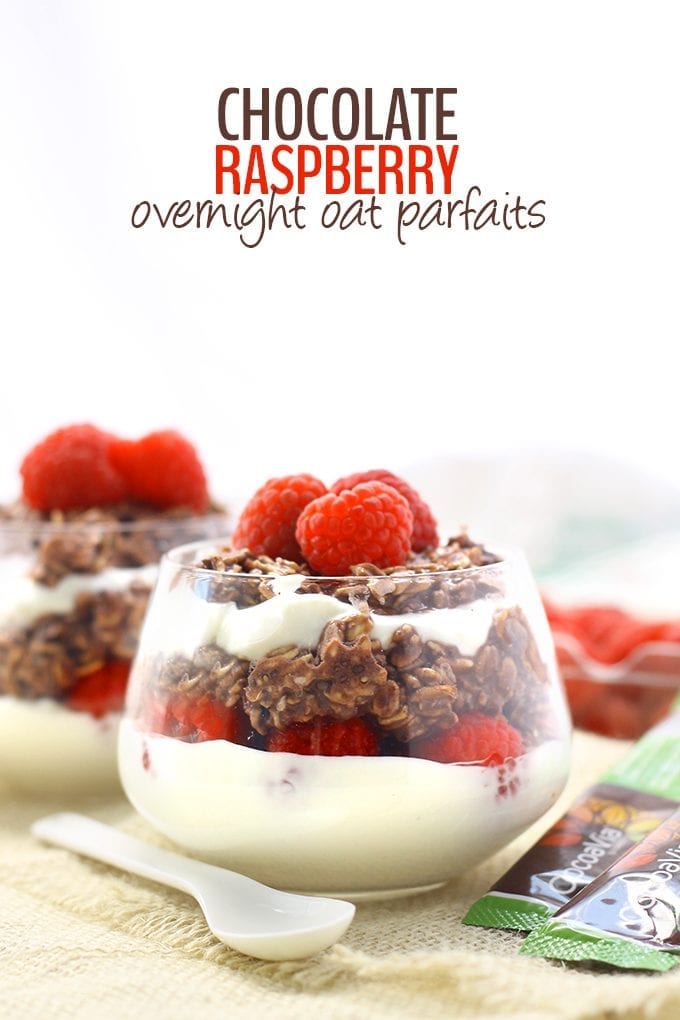 Have yourself a yummy breakfast in two easy steps with this Chocolate Raspberry Overnight Oat Parfaits. With the fibre and whole-grains from oatmeal, the antioxidants from the raspberries and the protein from the greek yogurt this breakfast recipe will keep you satisfied for hours!