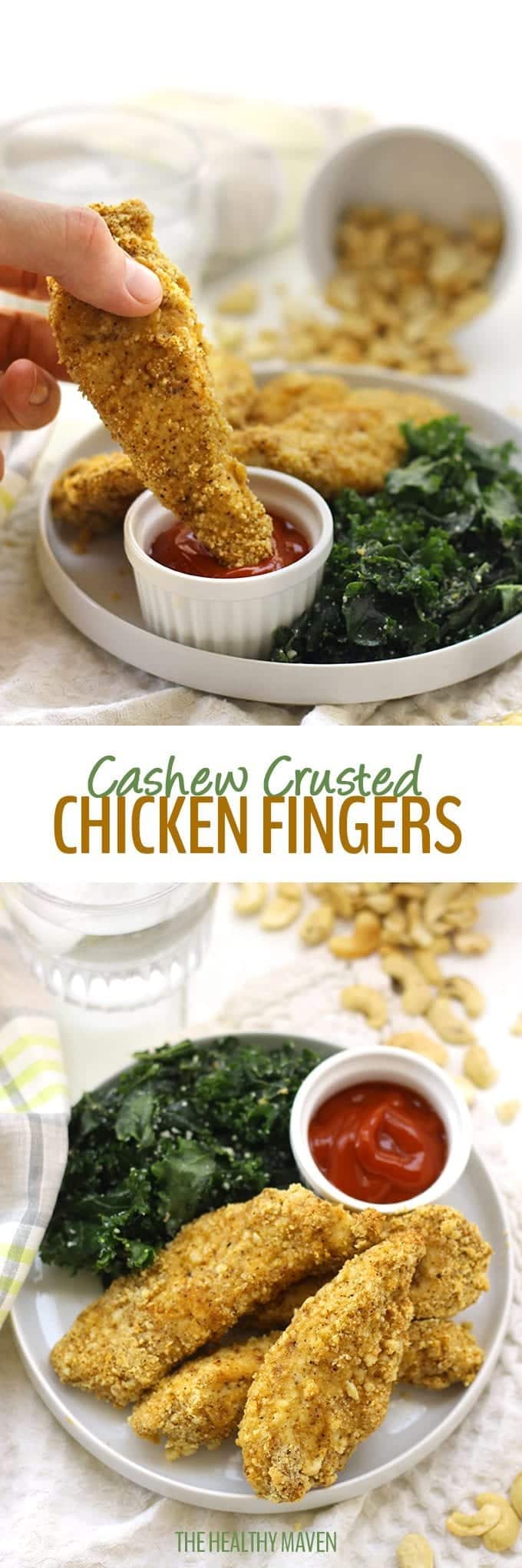 These baked Cashew Crusted Chicken Fingers are perfect for a family friendly weeknight meal or a game day appetizer! They require just 6 ingredients and are ready in less than 30 minutes. 