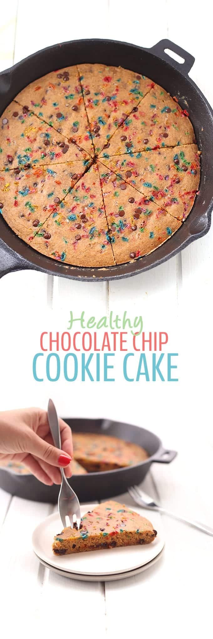 A recipe for Healthy Chocolate Chip Cookie Cake made with a secret ingredient! High in protein, and without any refined sugar, your celebrations will be the perfect combo of decadent and healthy!