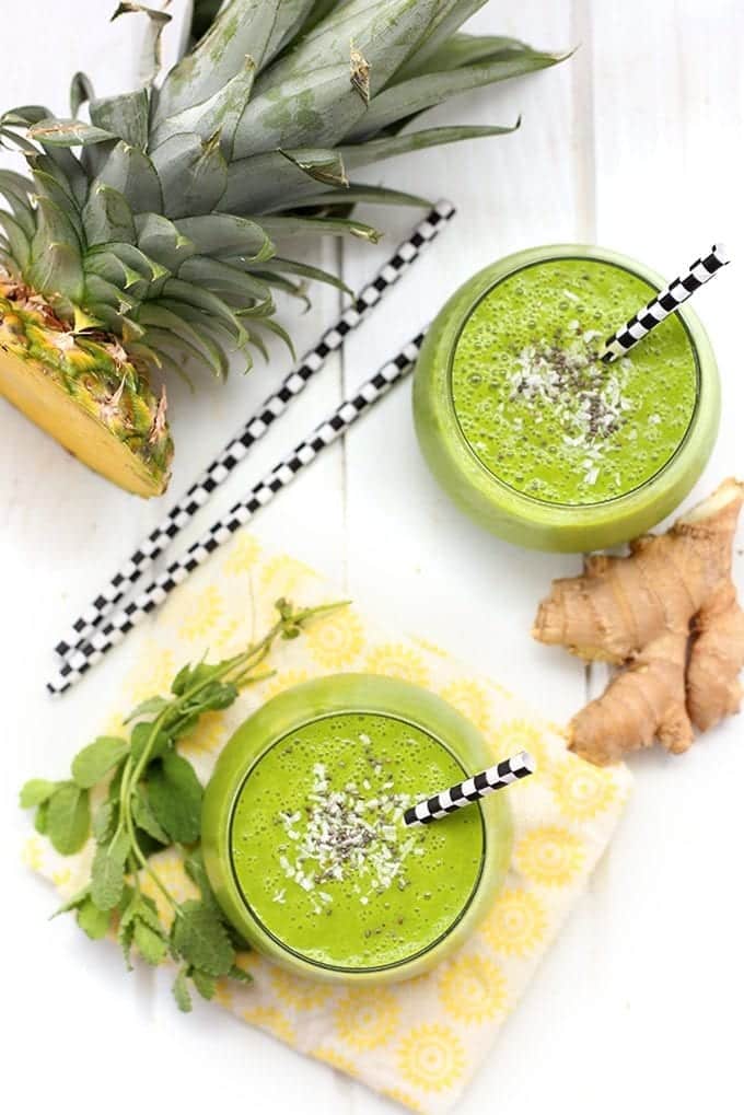 A tropical twist on a classic mojito, this Pineapple Mojito Green Smoothie is packed full of fresh fruits and veggies with a refreshing mint flavor. You're going to want to start everyday with this healthy smoothie recipe!