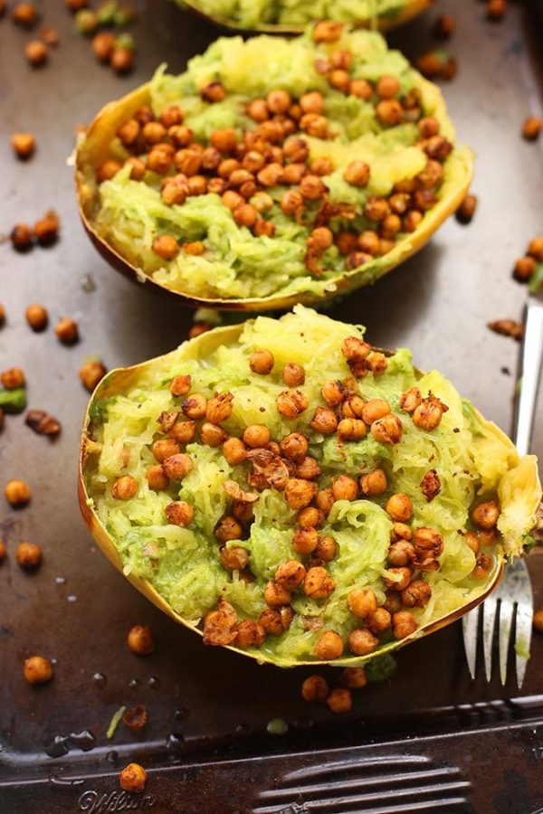 Pesto Spaghetti Squash w/ Spicy Roasted Chickpeas The Healthy Maven