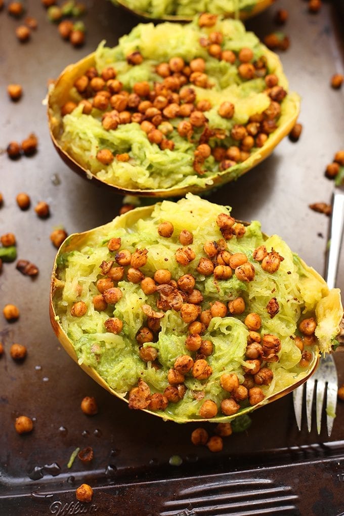 Swap the pasta for a low-carb alternative in this Pesto Spaghetti Squash with Spicy Roasted Chickpeas recipe! This vegetarian dinner is high in fibre, protein and certainly not lacking on flavor!