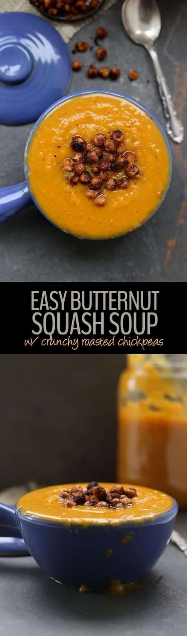A recipe for easy butternut squash soup with crunchy roasted chickpeas. A gluten-free, vegan and healthy meal all in one bowl. You'll be eating this soup recipe all season long.