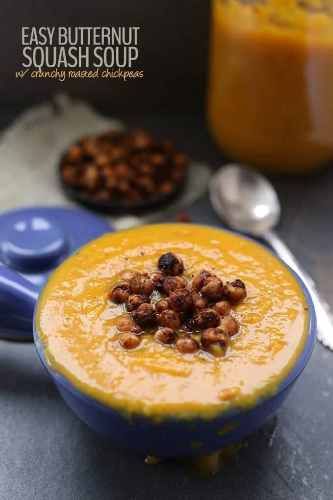 A recipe for easy butternut squash soup with crunchy roasted chickpeas. A gluten-free, vegan and healthy meal all in one bowl. You'll be eating this soup recipe all season long.