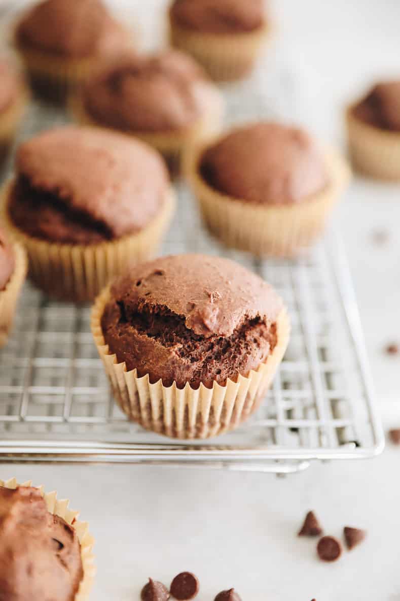 Angled shot of chocolate gingerbread muffins cooling on a wire rack.