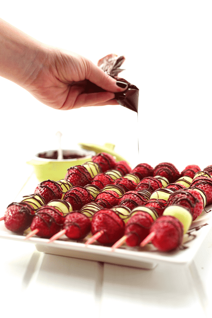 strawberry and grape fruit skewers drizzled with chocolate