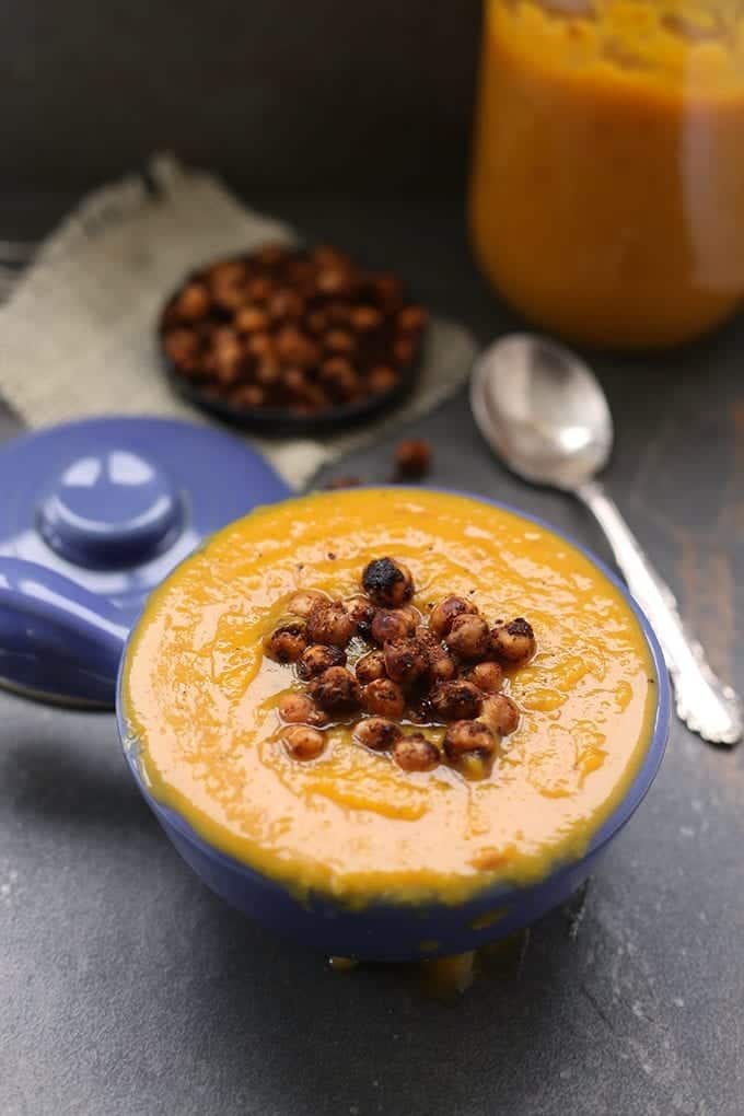 A recipe for easy butternut squash soup with crunchy roasted chickpeas. A gluten-free, vegan and healthy meal all in one bowl. You'll be eating this soup recipe all season long.