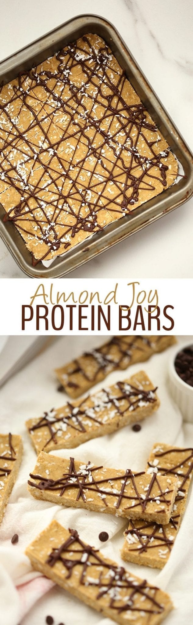Ditch the store-bought and go for one of these Vegan Almond Joy Protein Bars instead. Made with plant-based protein powder and ready in under 30 minutes (without a food processor!) these healthy, no-bake protein bars will become your new favorite snack.