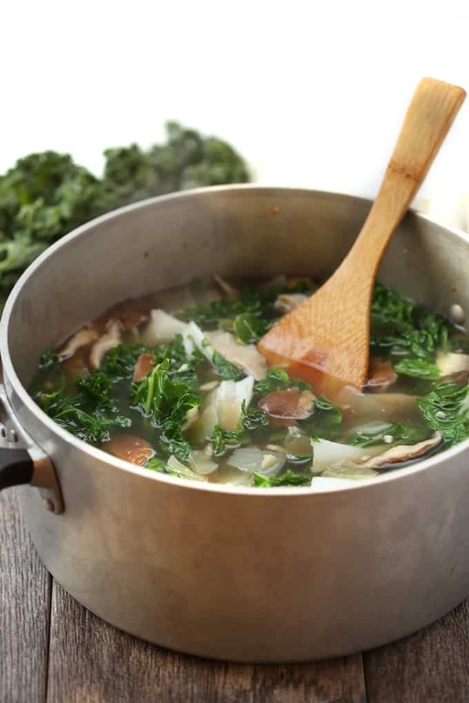 Feeling under the weather? Kick that cold or flu to the curb with the ultimate immune-boosting soup. Packed full of vitamins and minerals from delicious ingredients like turmeric, kale and bok choy in a mushroom broth for a healthy vegetarian soup recipe.