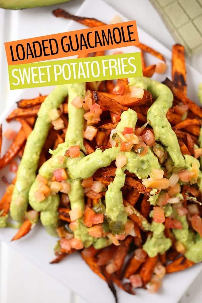 Change it up next game day with these Loaded Guacamole Sweet Potato Fries. Mexican meets healthy in this vibrant and delicious game day or appetizer recipe!