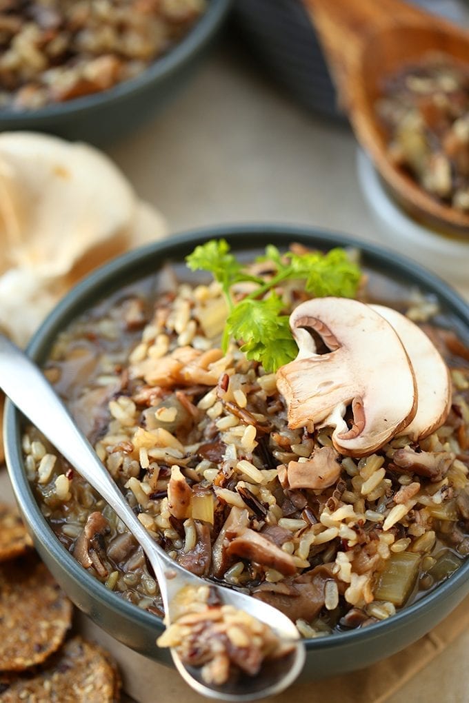 A healthy vegetarian soup recipe, this mushroom and wild rice soup is the perfect dish to keep on hand for cold winter nights! It's hearty, filling and packed-full of flavor. Plus it requires just 7 ingredients!