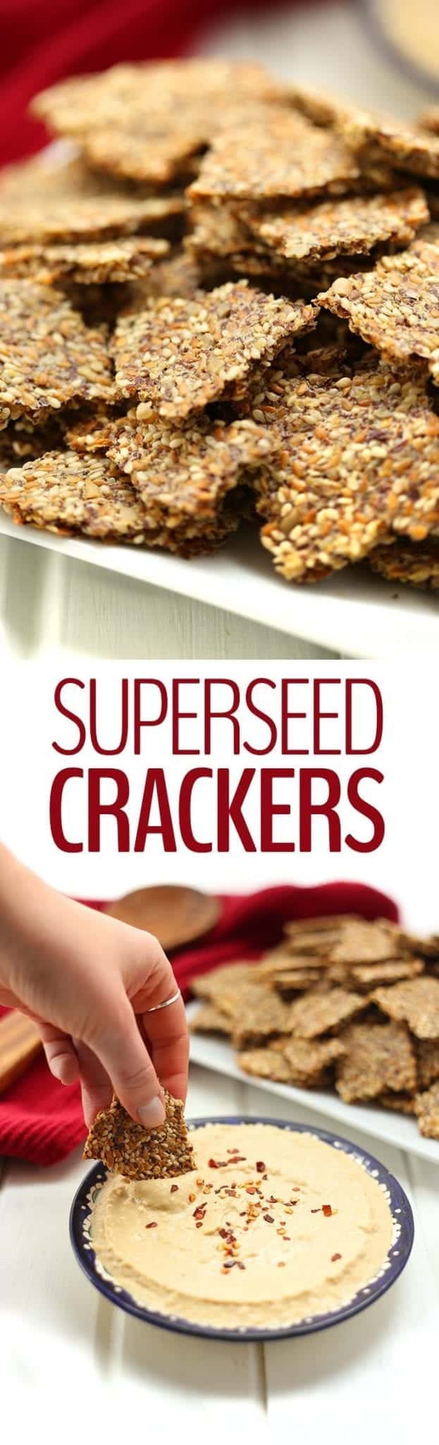 Crackers just got a healthy makeover with these SuperSeed Crackers made entirely from fiber-rich and omega-filled super seeds! Grab your seeds, mix with water and spices and bake! That's all you need for this healthy snack recipe perfect for dipping.