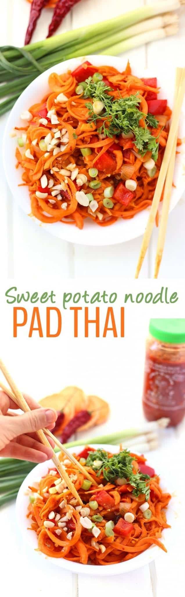 Swap the rice noodles for sweet potato in this healthy Sweet Potato Noodle Pad Thai. This tangy and spicy thai recipe makes an easy 30-minute meal for weekday dinners!