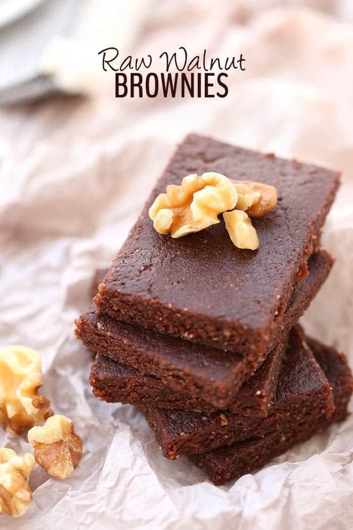 4 ingredients is all you need to make these Raw Walnut Brownies. They're gluten-free, vegan, paleo and refined-sugar-free but also taste incredible! Plus they take 5 minutes to whip up.