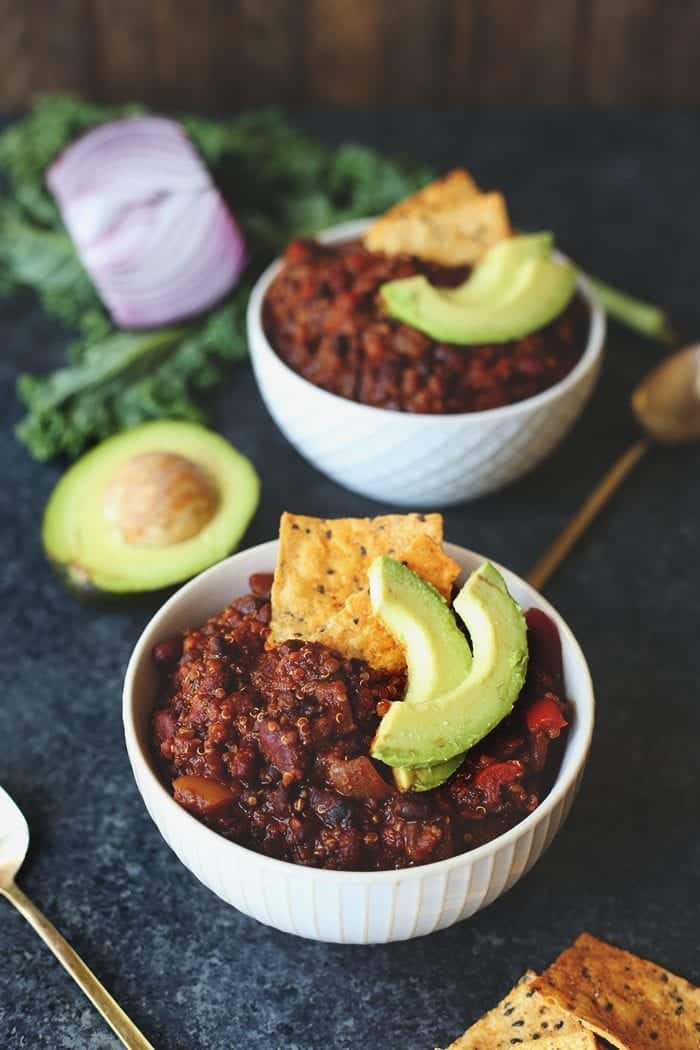 The perfect vegetarian meal all in one pot with the best vegetarian quinoa chili! This recipe tastes just like traditional chili but with quinoa instead of meat, plus a secret ingredient!