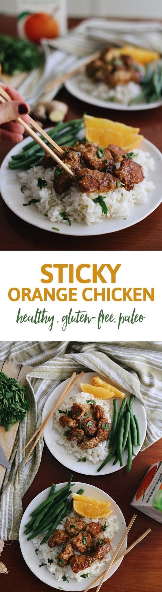 Dinner just got a healthy makeover with this Sticky Orange Chicken Recipe! Made with 100% pure orange juice and organic baked chicken tenders in an almond meal crust, this tangy and sweet dinner recipe is a perfect weeknight meal.