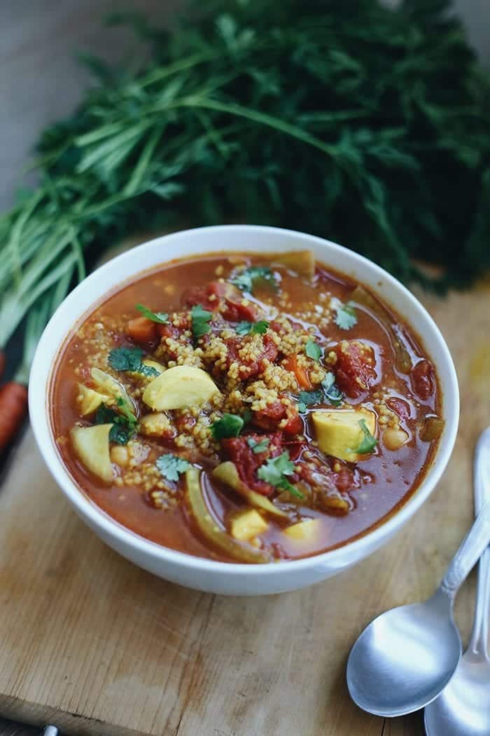 Souper Sunday returns with this Moroccan Chickpea and Couscous Soup! A one pot meal full of zesty and sweet moroccan spices, hearty couscous and a chickpea protein boost. Perfect for lazy winter day when you're craving a flavorful bowl of soup.