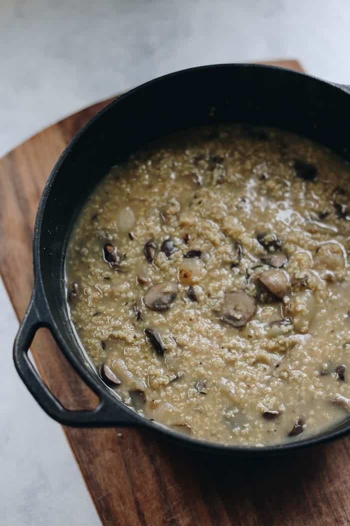 Try out a new grain with this Mushroom Millet Soup. With gluten-free millet and creamy mushrooms, this vegetarian soup makes for a complete meal or a hearty appetizer for your next dinner!