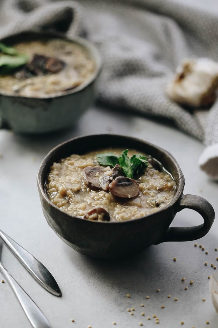 Try out a new grain with this Mushroom Millet Soup. With gluten-free millet and creamy mushrooms, this vegetarian soup makes for a complete meal or a hearty appetizer for your next dinner!