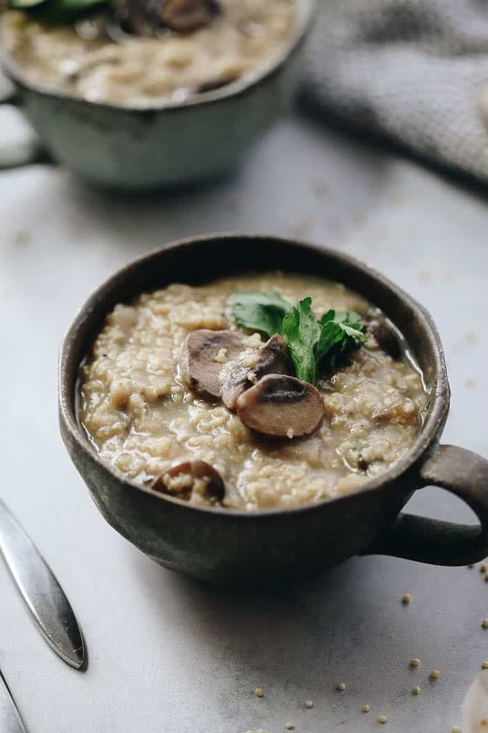 Try out a new grain with this Mushroom Millet Soup. With gluten-free millet and creamy mushrooms, this vegetarian soup makes for a complete meal or a hearty appetizer for your next dinner!