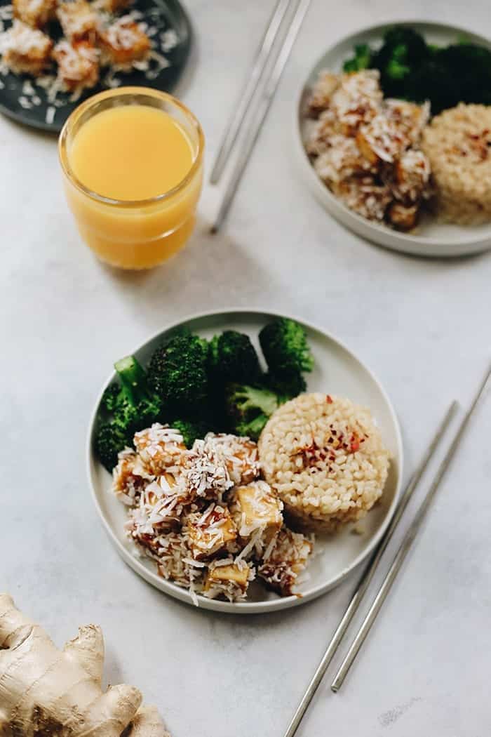 The sweet and tangy flavor of orange pairs perfectly with coconut in this orange coconut baked tofu recipe. Pair with rice and veggies for a vegetarian meal full of flavor and nutrition!