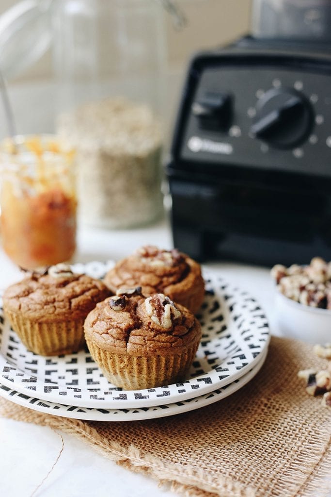 These pumpkin spice mixer muffins are a healthy take on muffins.  They're easy to make, gluten-free, and only require one tool, your blender!  No other dishes required.
