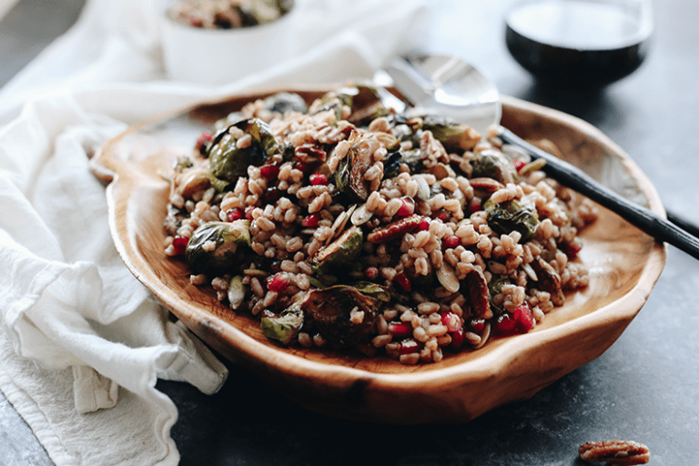 farro grain salad in a wooden bowl