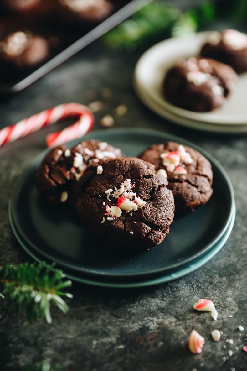 Plated cookies on a blue plate with crushed candy cane.