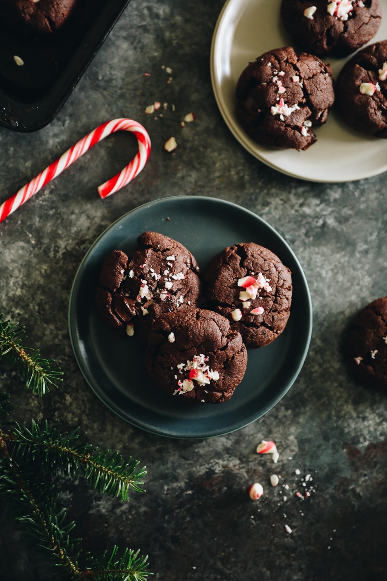 overhead image of double chocolate peppermint cookies with crushed candy cane.