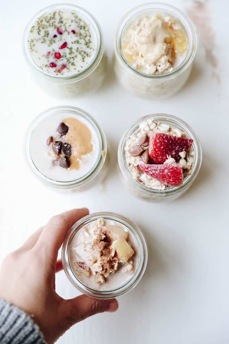 This is a recipe for healthy overnight oat jars - 5 ways. This easy, delicious and simple breakfast can be made in less than 2 minutes with no cooking involved!