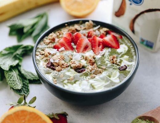 A healthy breakfast recipe made with matcha, fresh mint, banana and coconut milk. This Matcha Mint smoothie bowl is a fun twist on the tropics!