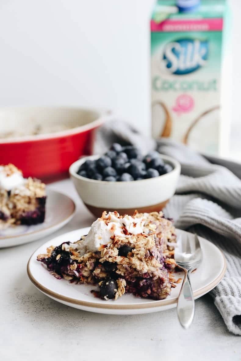 Change up your breakfast game with this Blueberry Coconut Baked Oatmeal. An easy, vegan, breakfast option that you can bake ahead of time for weekday breakfasts or fresh for a fancy weekend brunch.