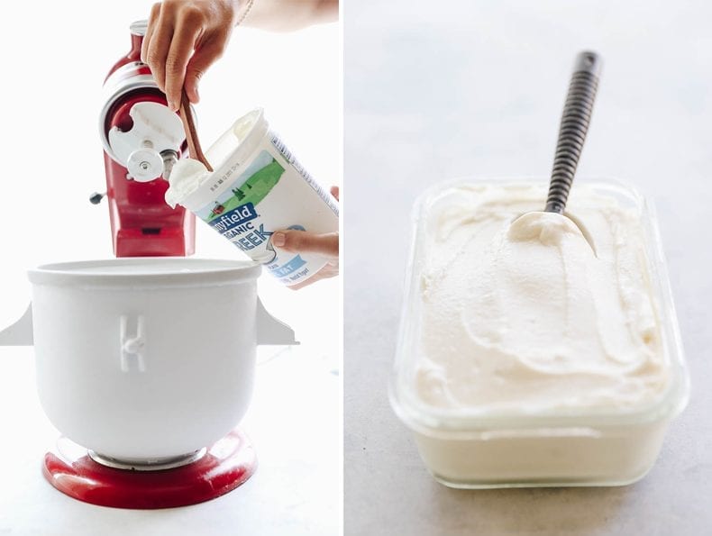 Homemade frozen yogurt made with just 3 ingredients and added to a kitchenaid ice cream maker