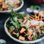 These customizable Quinoa Veggie Bowls with Miso Sesame Dressing will become a weeknight staple. With a quinoa and veggie base topped with a zesty and flavor-packed dressing this easy dinner or lunch recipe is a healthy vegan option for the whole family.