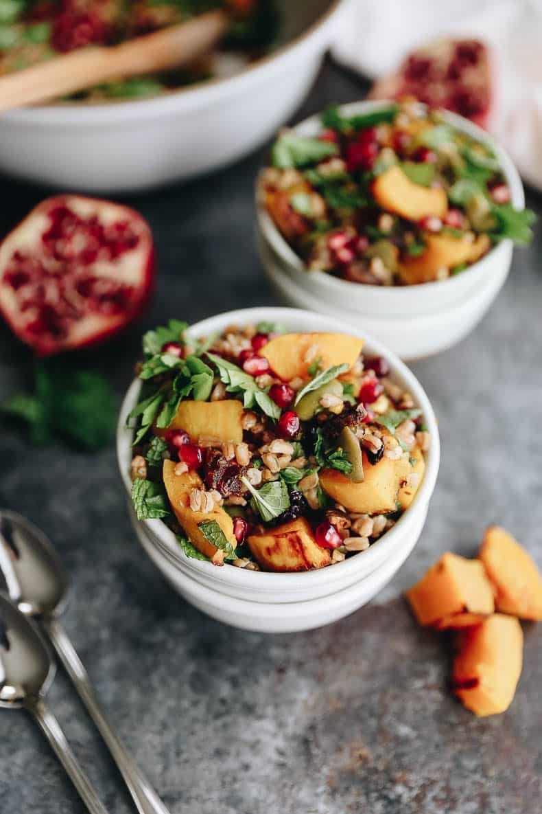 Get the best of fall with this Harvest Farro Salad with Roasted Butternut Squash and a Pomegranate Molasses Dressing. A seasonal favorite full of nutrition and delicious flavors for a side dish or main!
