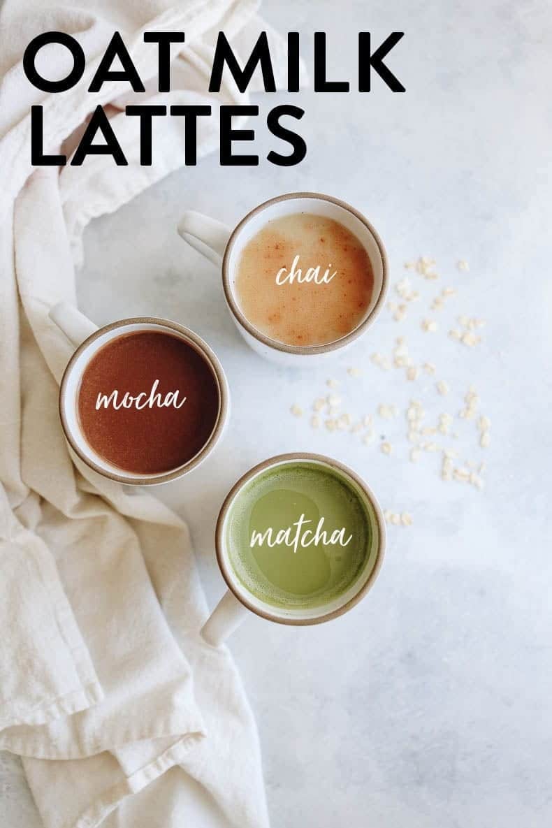 How To Make Oat Milk Lattes - 3 ways! Including matcha oat lattes, mocha oat latte and chai oat latte recipes - all vegan and gluten-free! #oatmilk #oatmilklattes