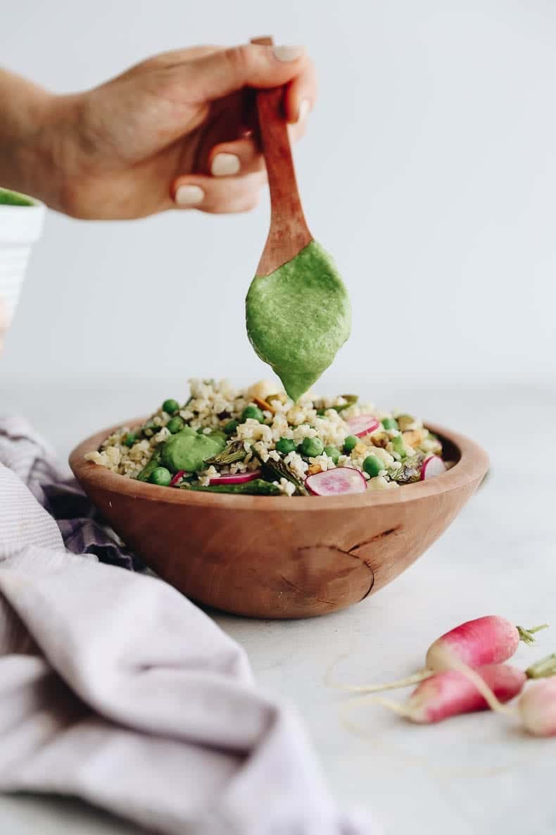 Creamy Avocado Herb Dressing is the perfect sauce for this Spring Bulgur Wheat Salad made with asparagus, peas and a tangy-sprinkling of parmesan #bulgurwheat #springsalad