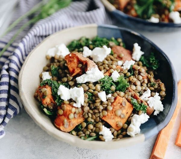 Warm Lentil and Sweet Potato Salad with Goat Cheese, Kale and Balsamic Dressing