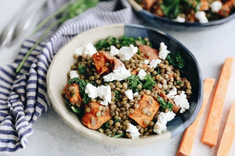 Warm Lentil and Sweet Potato Salad with Goat Cheese, Kale and Balsamic Dressing