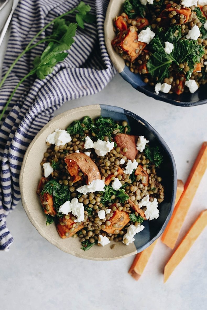 This Warm Lentil and Sweet Potato Salad is full of protein, healthy veggies and a delicious balsamic dressing for an easy lunch or weeknight dinner meal #lentilsalad #glutenfree