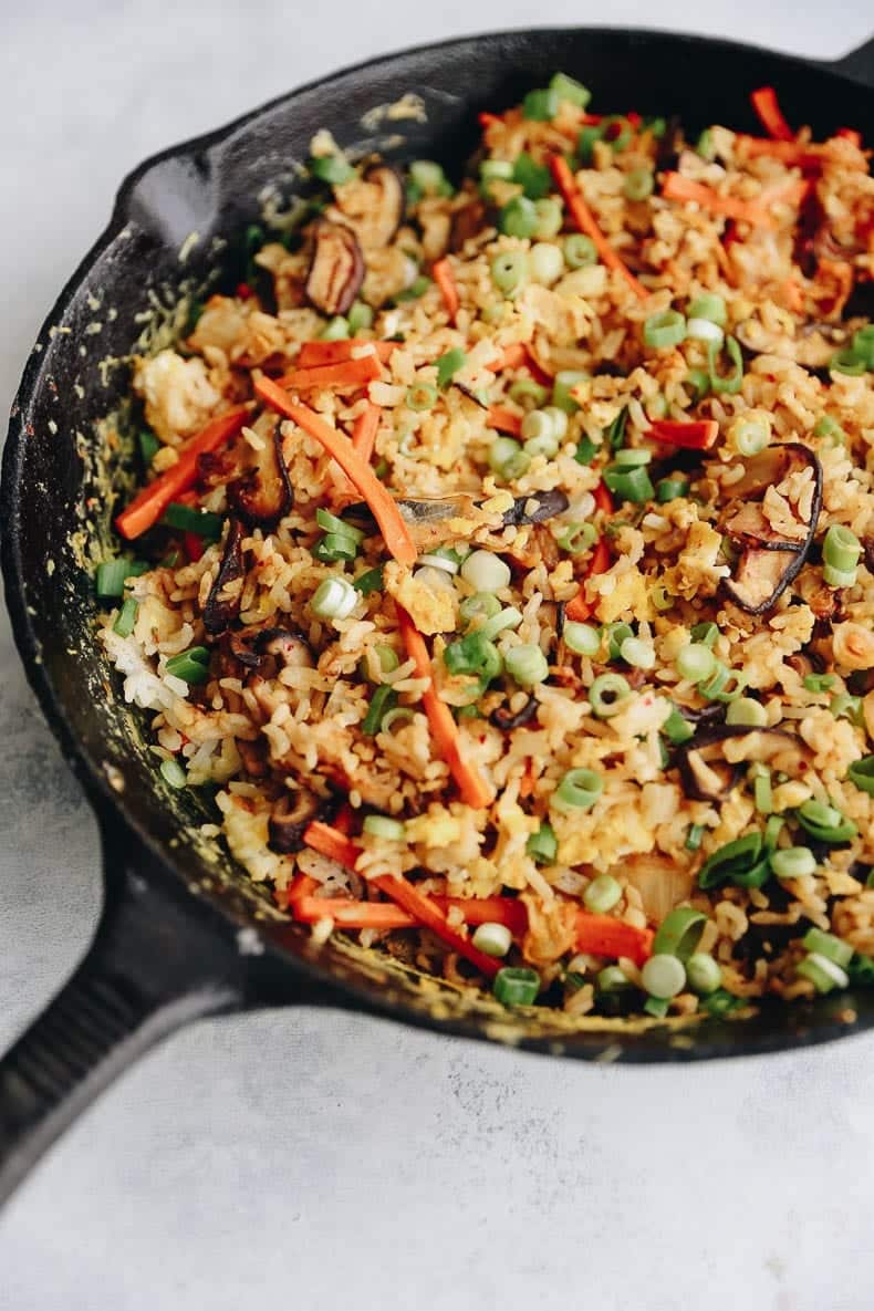 Cast-Iron Healthy Kimchi Fried Rice made with gut-healthy kimchi and veggies!