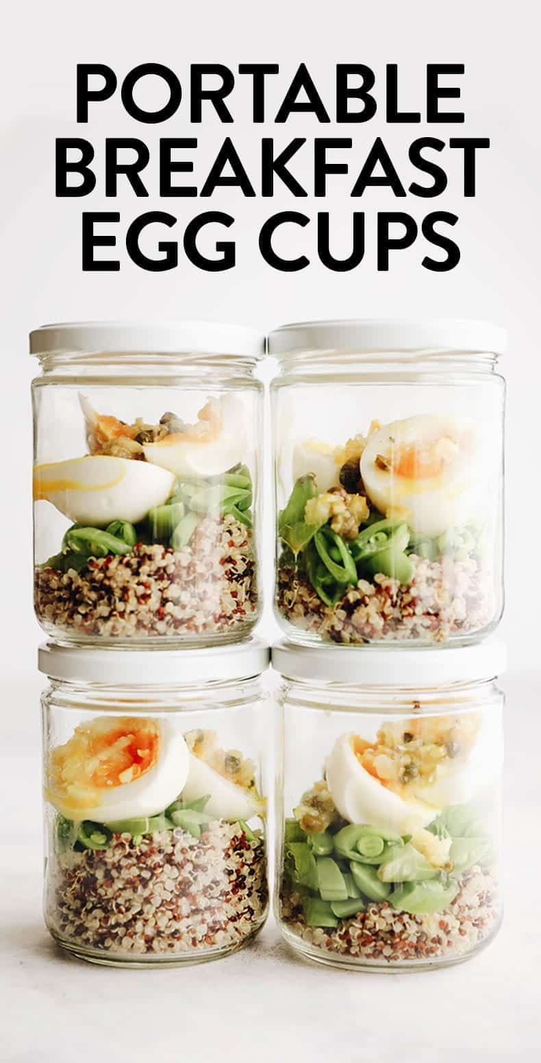 A graphic with the title "portable breakfast egg cups". Below the title is four jars filled with quinoa, snap peas, soft boiled eggs and a sauce. The jars are stacked 2x2.